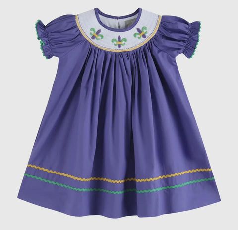 Purple Mardi Gras Smocked Bishop Dress