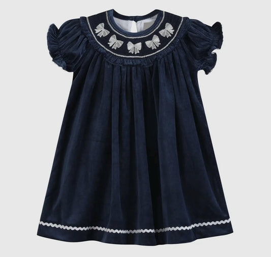 Blue Velvet Bow Smocked Bishop Dress