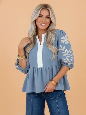 Sherry Floral Embroidered Puff Sleeve Top