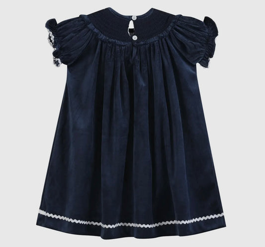 Blue Velvet Bow Smocked Bishop Dress