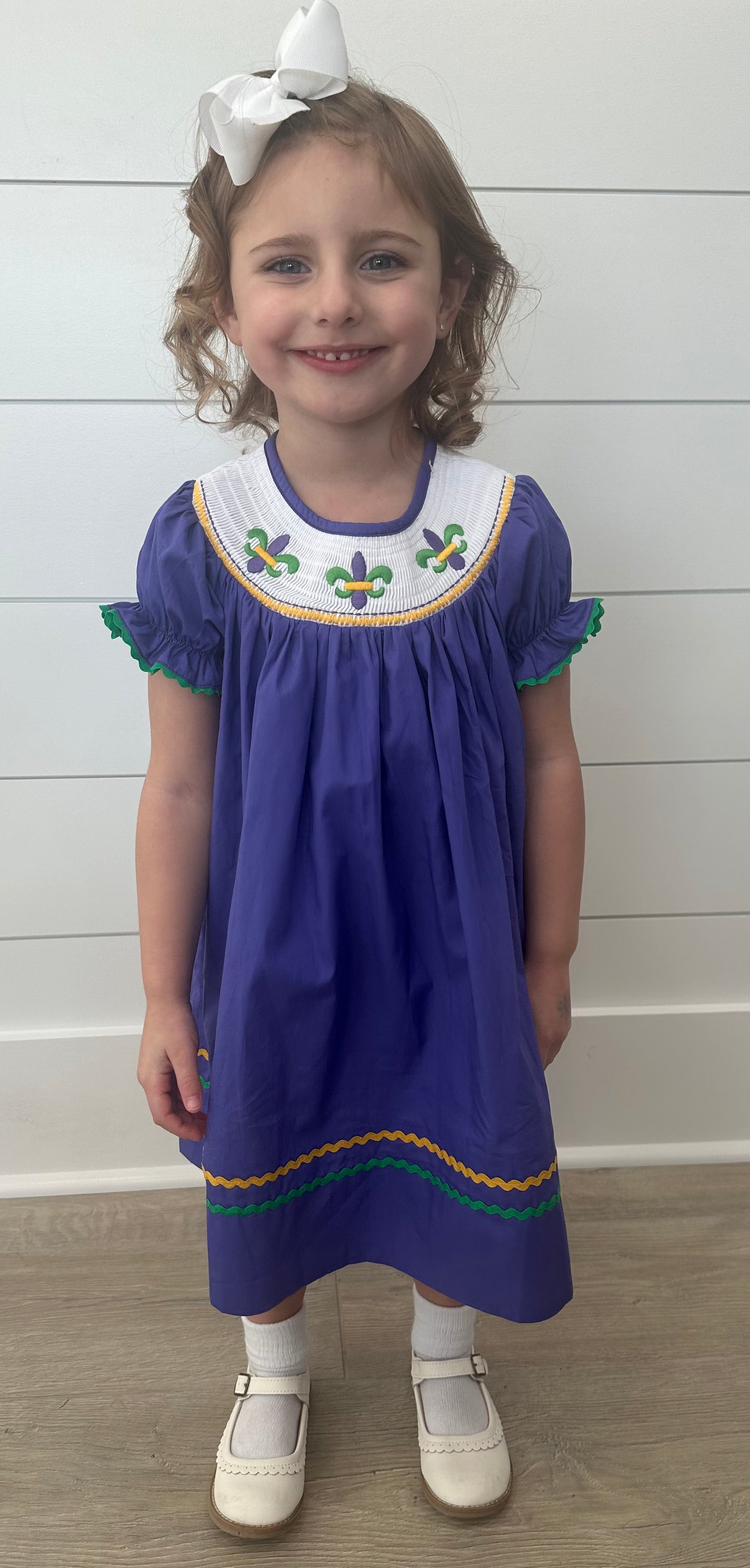 Purple Mardi Gras Smocked Bishop Dress