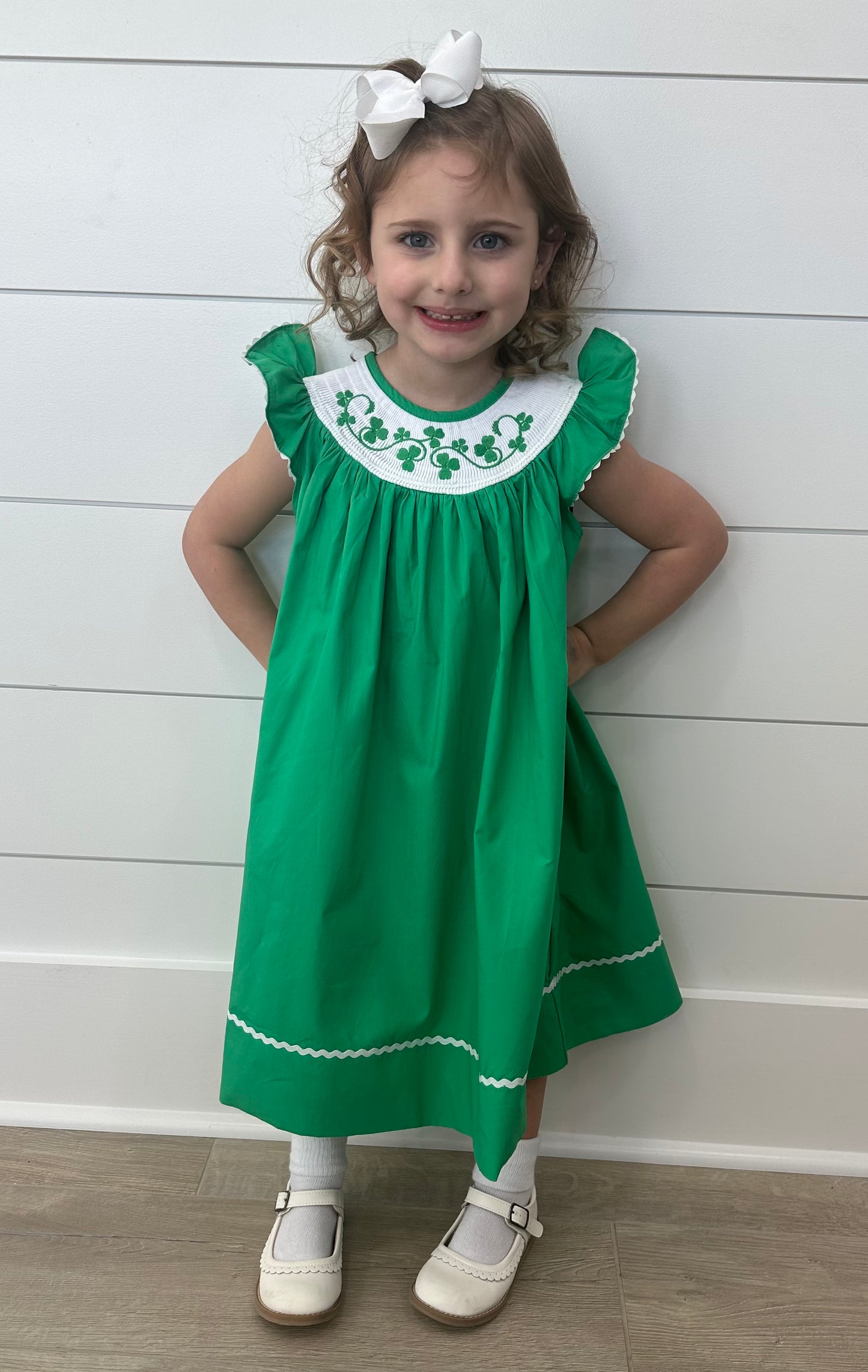 Green St. Patrick's Day Shamrock Smocked Bishop Dress