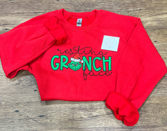 Resting Grinch Face Embroidered Sweatshirt