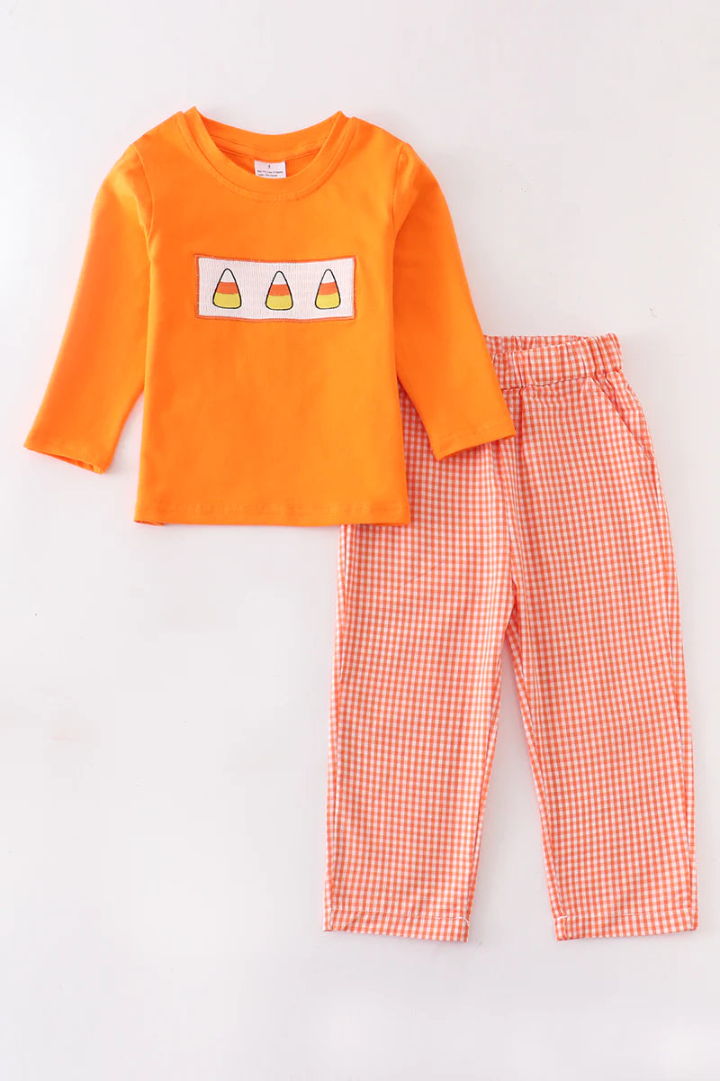 ORANGE PLAID CANDY CORN SMOCKED BOY SET